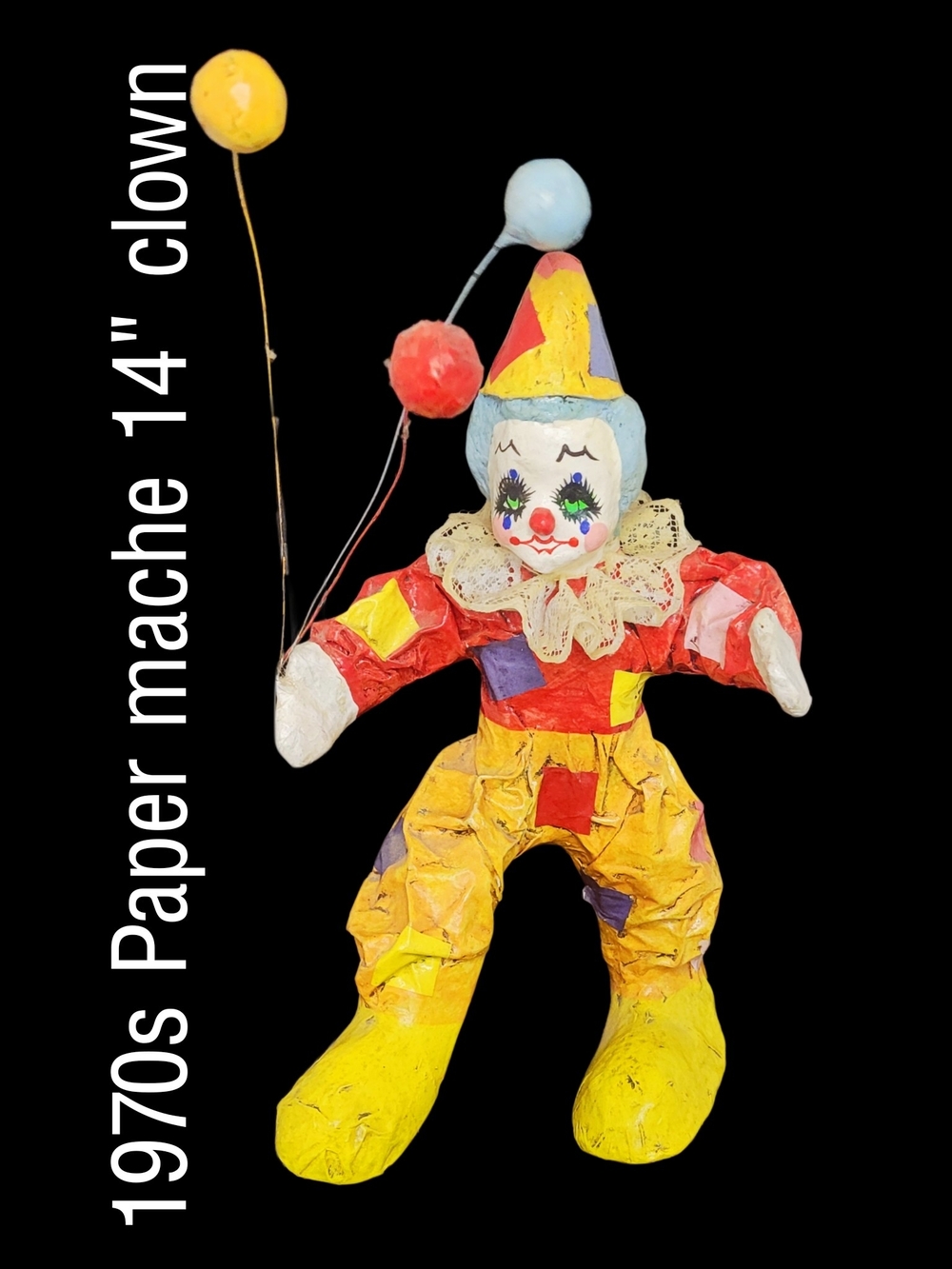 Vintage 1970s Paper Mache Large 14" Clown  -handmade